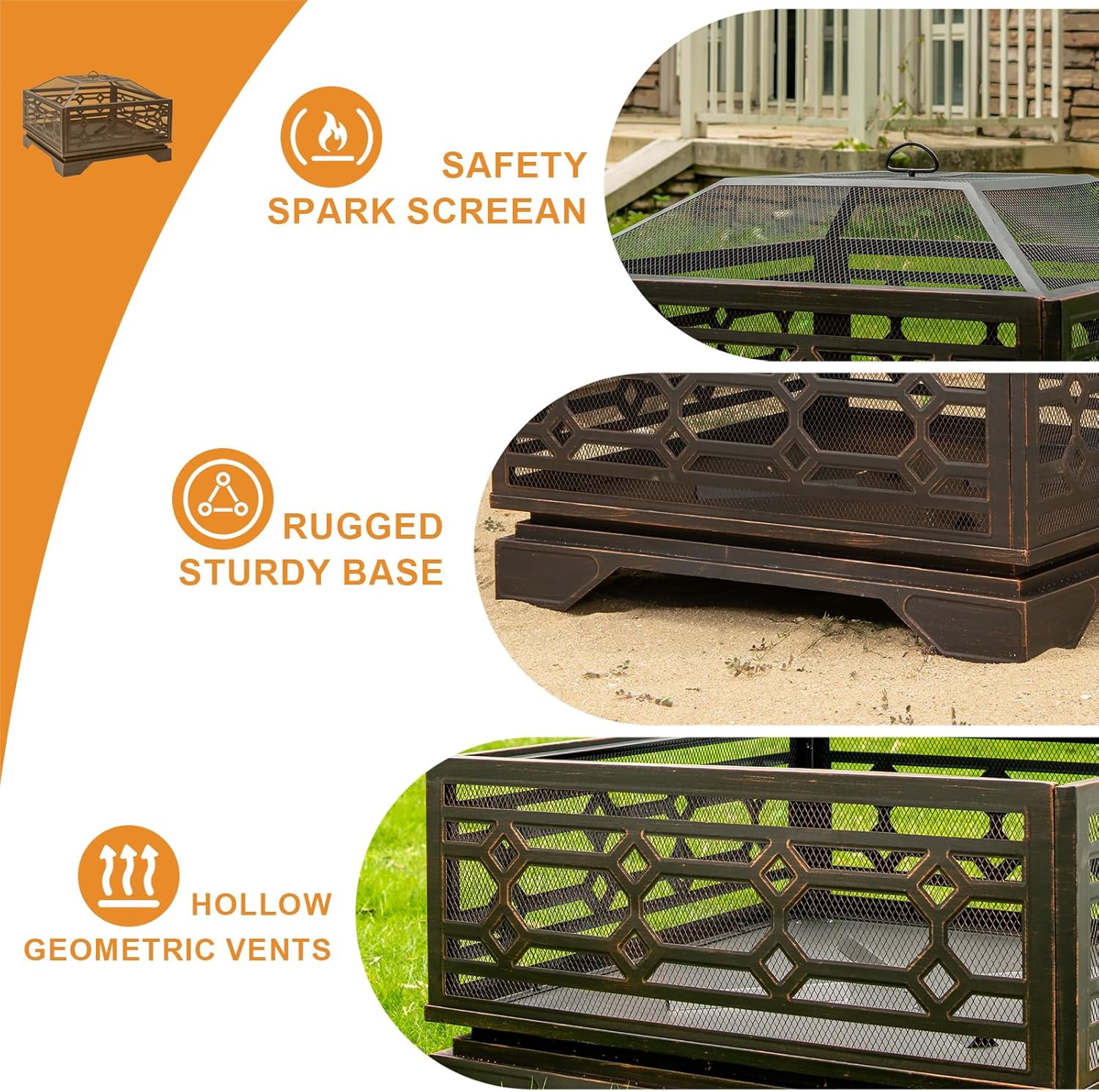 Outdoor Fire Pit, 32 Inch Wood Burning Firepit for Outside with Mesh Cover & Fire Poker, Large Square Metal Fireplace for Patio, Backyard, Garden, Bonfire Party