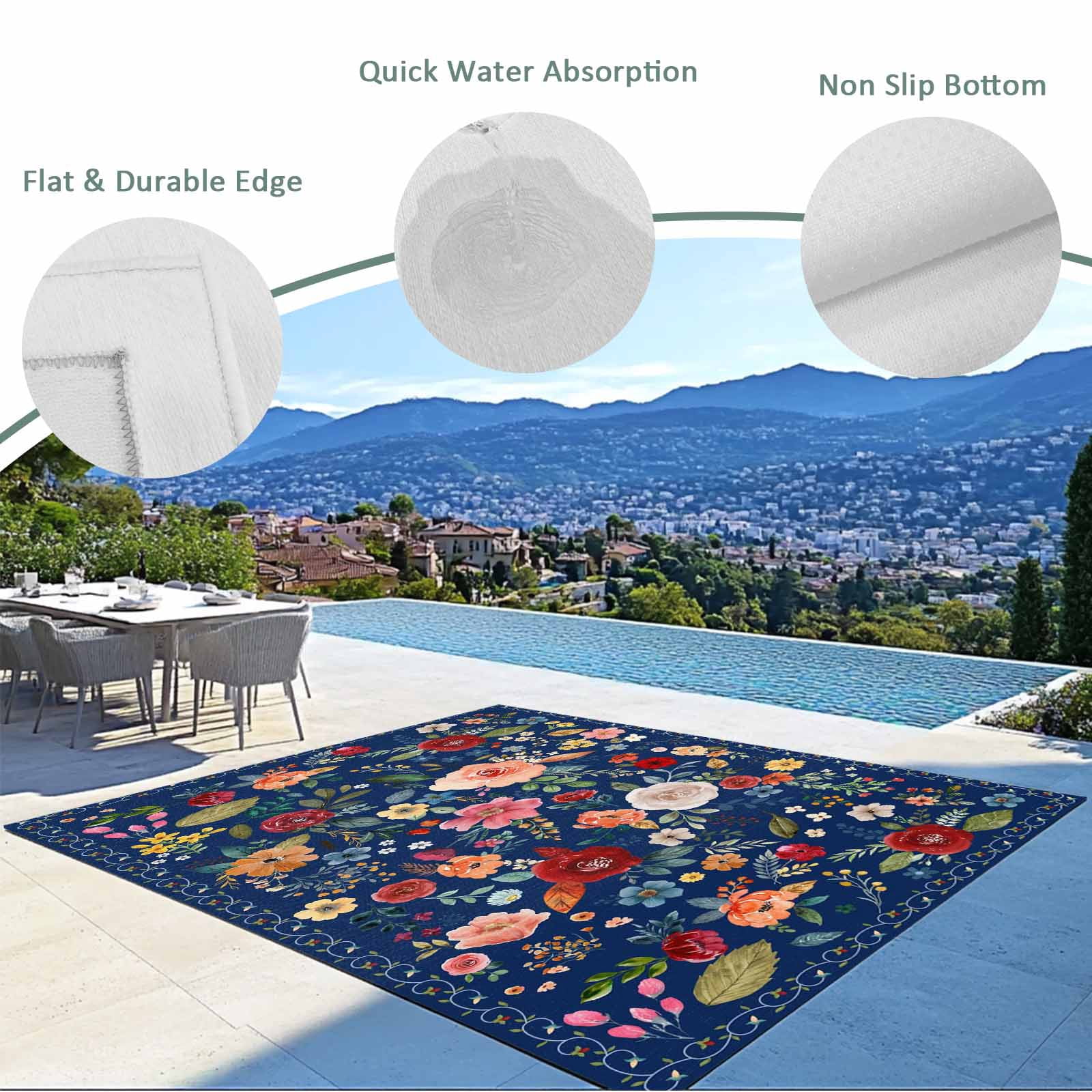 Navy Blue Flowers Outdoor Rug for Patio/Deck/Porch, Non-Slip Large Area Rug 3 x 5 Ft, Spring Vintage Floral Leaves Farmhouse Indoor Outdoor Rugs Washable Area Rugs, Camping Rug Carpet Runner