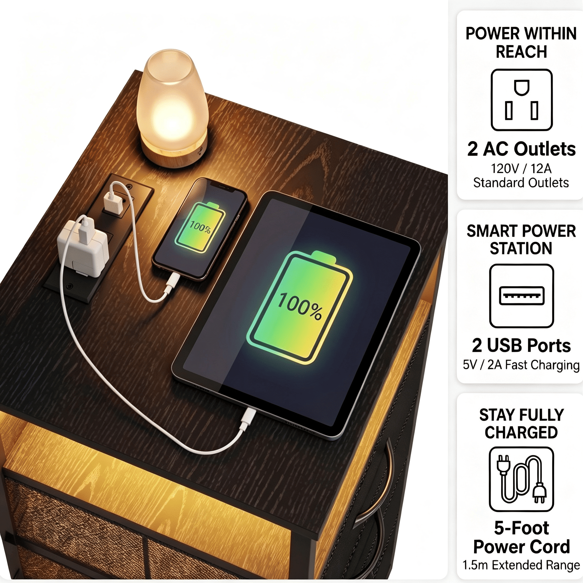 Nightstand with Charging Station, 3 Fabric Drawers, LED Light and Open Shelf, Iron Frame Bedside End Table for Bedroom