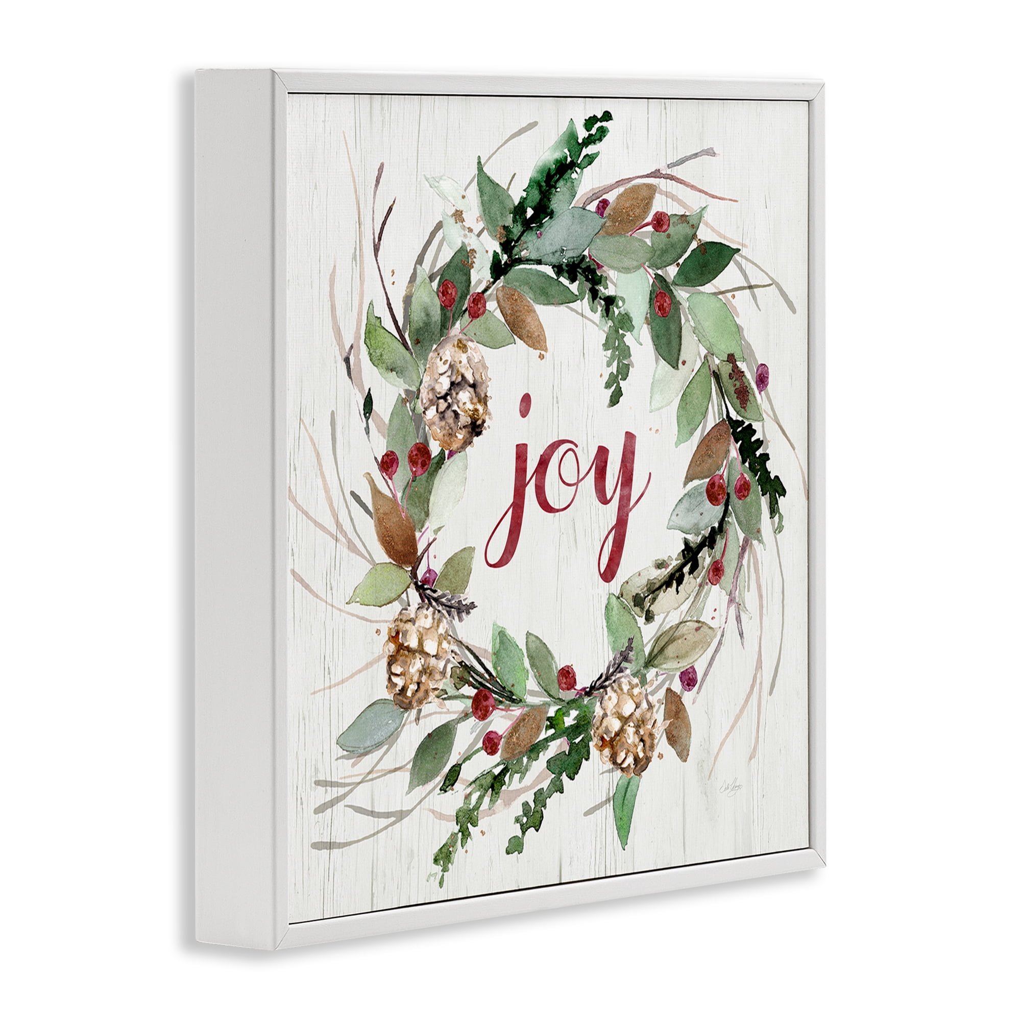 Stupell Industries Joy Seasonal Wreath Botanical & Floral Painting White Framed Art Prints Wall Art, 17 x 17