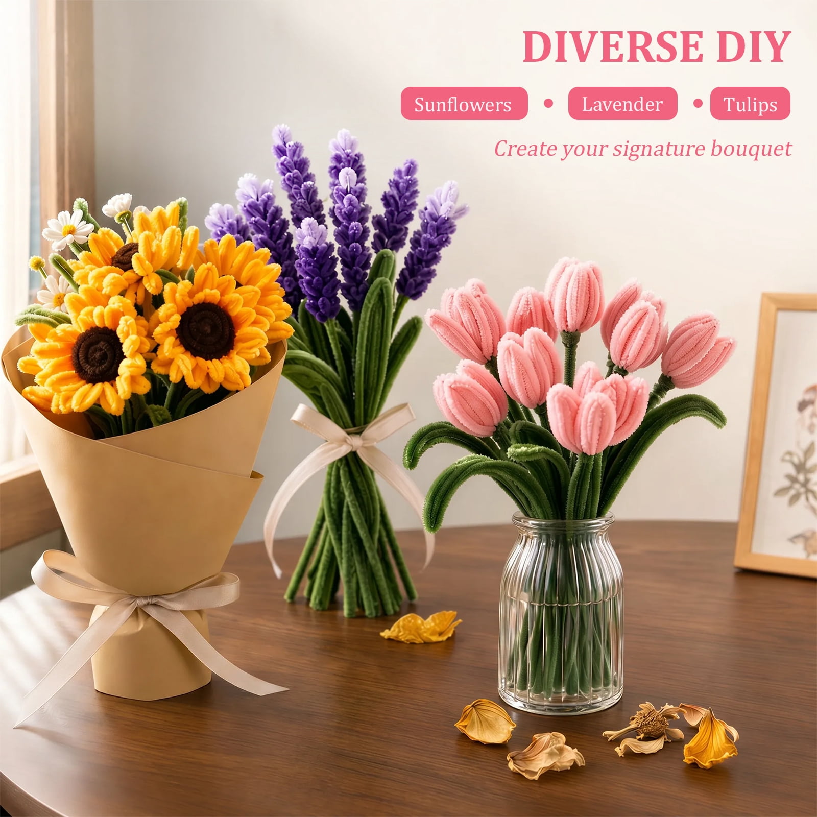 800Pcs Pipe Cleaners, 13 Color Chenille Stem with 50 Stem Glue Stick Floral Tape Stamen Bead Ribbon Wrapping Paper and Tutorial Handmade Bouquet Making Supplies for Beginner