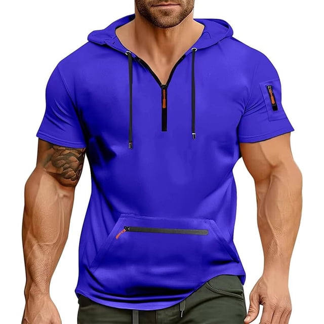 Styesk T Shirts for Man Men Solid Color Summertime Short Sleeve Hooded Zipper Pocket Shirt Top