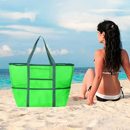 

Mesh Beach Bag-Tote for Women 9 Pockets Large Beach Toy Bag，Large Capacity Storage Bag，Green