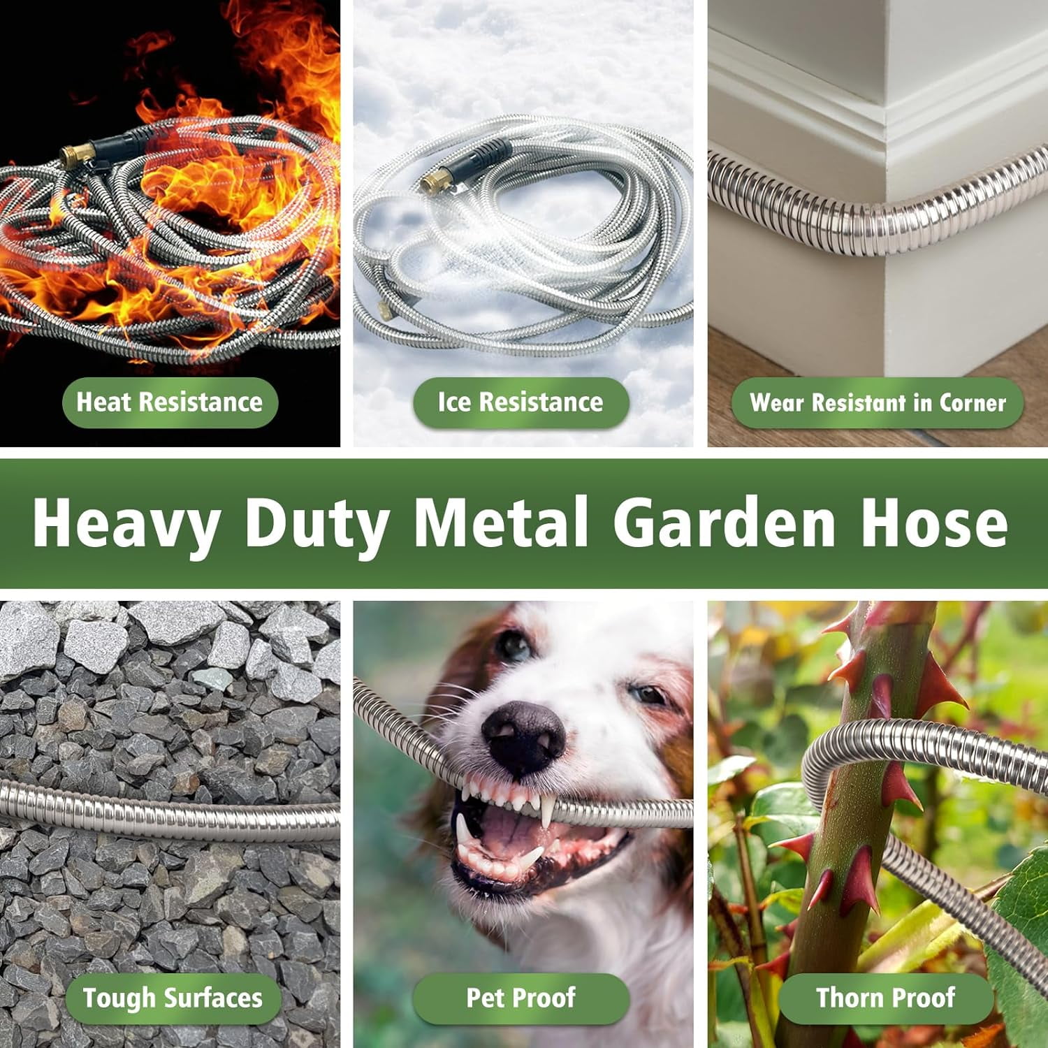 Metal Garden Hose 50ft, 304 Stainless Steel Garden Hose, Heavy Duty Water Hoses with 10 Function Hose Nozzle, Flexible, No Kink & Tangle, Puncture Proof Hose for Yard, Outdoors, Rv