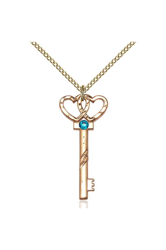 Gold Filled Small Key w/Double Hearts Pendant w/ 3mm December Blue Swarovski Crystal 1 1/4 X 1/2 inches w/ 18 inch Curb Chain