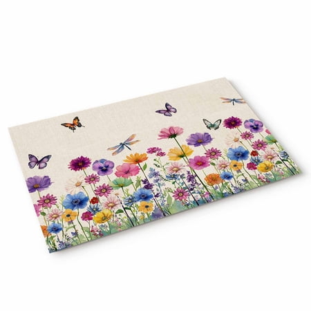 Spring Florals Door Mat Watercolor Colorful Floral Butterfly Dragonfly Linen Texture Non Slip Absorbent Entrance Mat Washable Low Profile Indoor Doormat for Front Door Entryway Entry 18 x30
