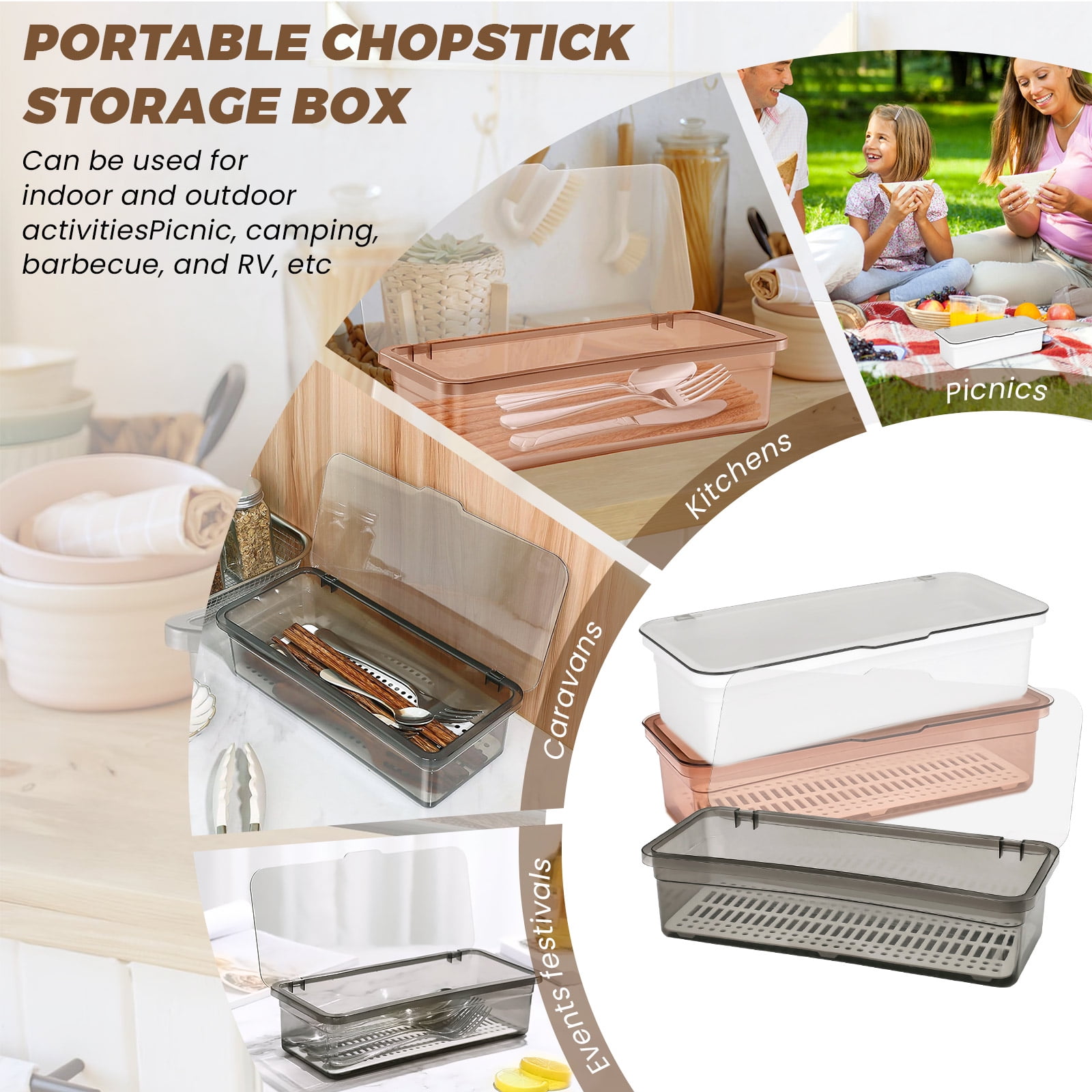 3 Pieces Flatware Tray with Lid and Drainer, Clear Silverware Organizer, Stackable Tableware Utensil Drawer Organizer to Keep Your Cutlery Organized and Protected (Gray, Brown, White)