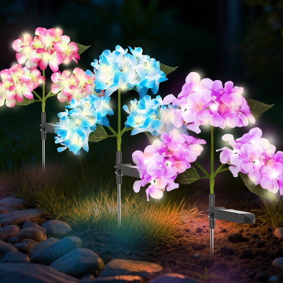 TopZoo Solar Garden Lights Outdoor, 3 Pack Flower Stake Lights, Hydrangea Garden Decor for Patio, Landscape, Planter, Waterproof Multicolor changing