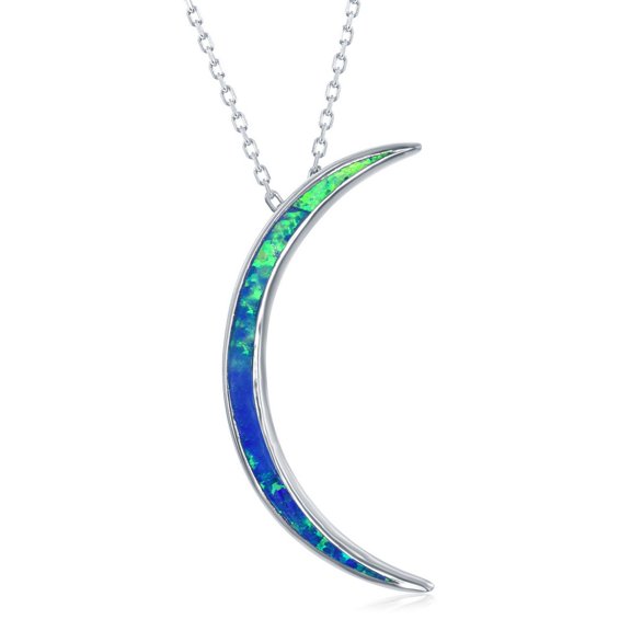 iJewelry2 Sterling Silver Thin Blue Inlay Opal Designer Crescent Moon Pendant Necklace