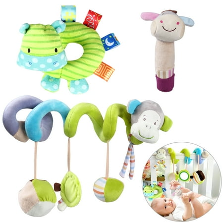 Donkey Pull Toy - YEAHIBABY 3Pcs Money Infant Baby Activity Spiral Bed Stroller Toy Donkey Hippo Soft Plush Hand Rattle Toys Cute Baby Educational Toys