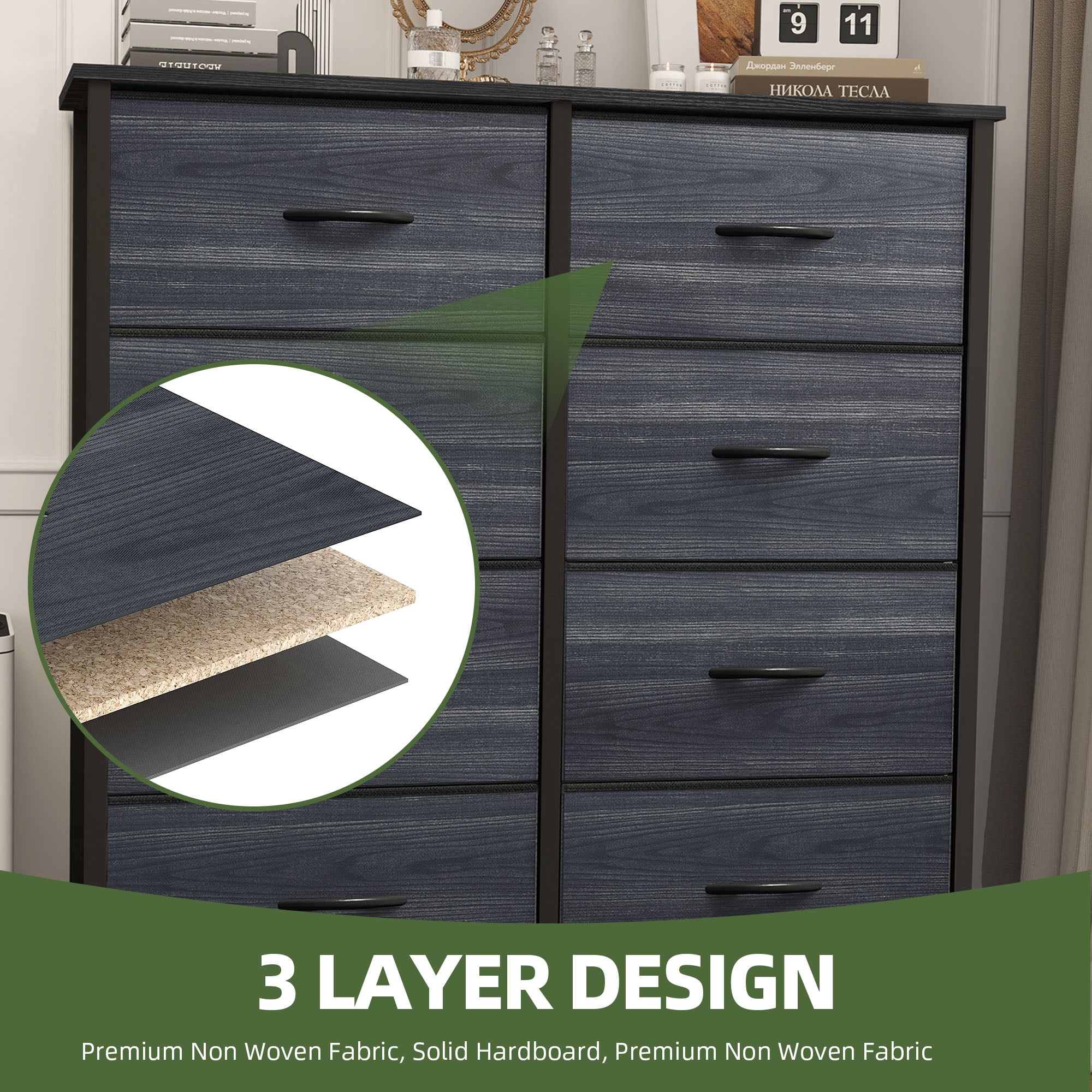 Uforic 8 Drawers Dresser Chest of Drawers for Fabric Storage Dressers for Living Room Charcoal Black Wood Grain