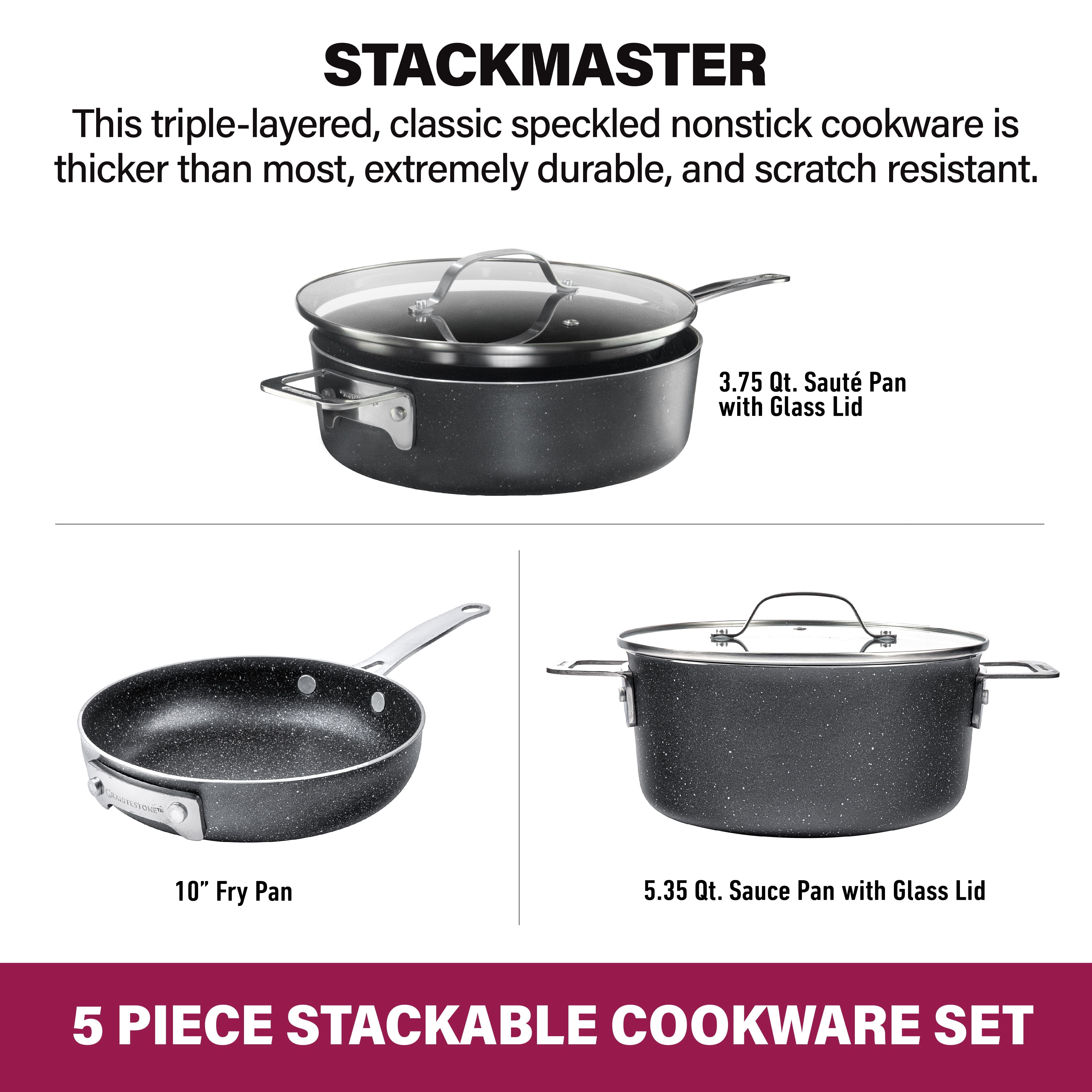 Granitestone 10" Stackmaster 5 Piece Nonstick Pots and Pans Set, Stackable Aluminum Cookware Set, Non Stick
