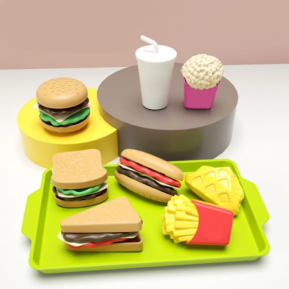 Realistic Kids Pretend Play Fast Food Set, Play Kitchen Food Toys with Burger Sandwich Fries Popcorn Drink & Serving Tray, Pretend Cooking Gift for Toddlers Boys Girls Age 3