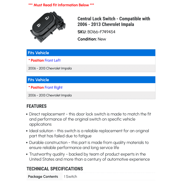Front Left Door Lock Switch For 2009-2010 Chevy Malibu - Driver Side, Vap-autoparts VP15018201S