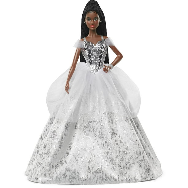 Barbie Signature 2021 Holiday Doll (12-inch, Brunette Braided Hair) in Silver Gown, with Doll Stand and Certificate of Authenticity, Gift for 6 Year Olds and Up Barbie -