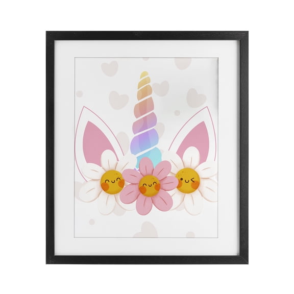 Daisy Unicorn with Hearts Black Framed Print Under Glass, design by Jesse Keith