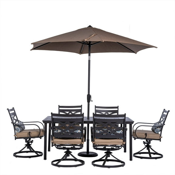Hanover Montclair 7-Piece All-Weather Outdoor Patio Dining Set, 6 Swivel Rocker Chairs with Comfortable Seat and Lumbar Cushions, 40"x66" Stamped Rectangle Table, Umbrella, and Umbrella Base