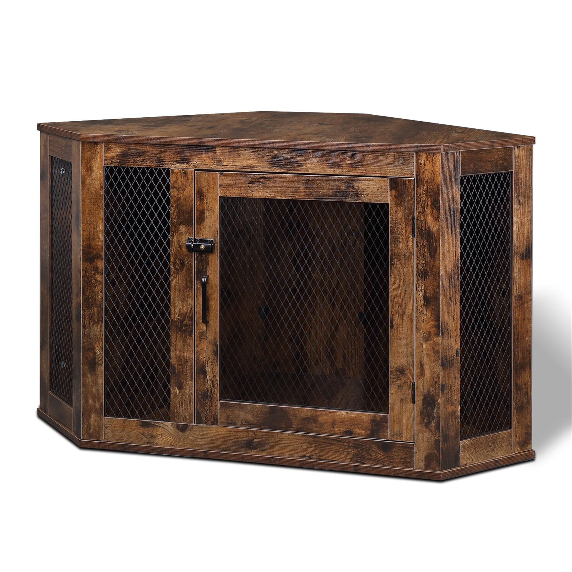 Pefilos 44" Furniture Corner Dog Crate, Dog Kennel with Wood and Mesh, Dog House, Pet Crate Indoor Use, Brown Pefilos 44" Furniture Corner Dog Crate, Dog Kennel with Wood and Mesh, Dog House, Pet Crate Indoor Use, Brown
