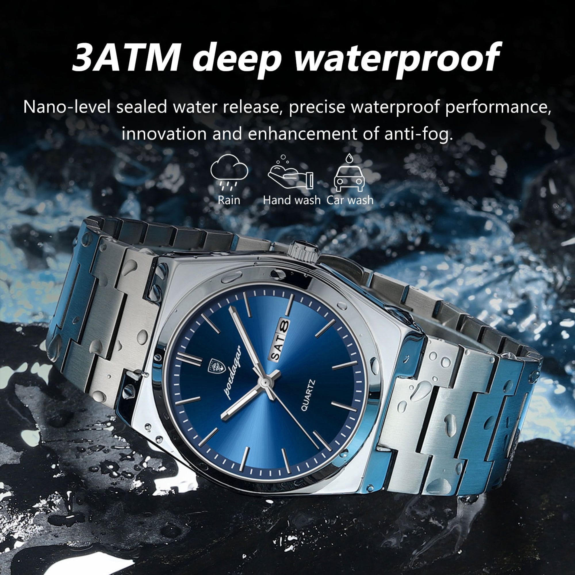 POEDAGAR Men Blue Quartz Stainless Steel Fashion Watch Analog Waterproof Luminous Date Wristwatch