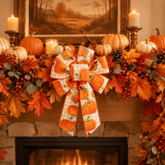 5Pcs Thanksgiving Woven Ribbon Bows, 13.78x8.27in Fabric Bows with Classic Fall Color Palette Wreath Gift Wrapping Table Centerpiece Home Party Holiday Decor A