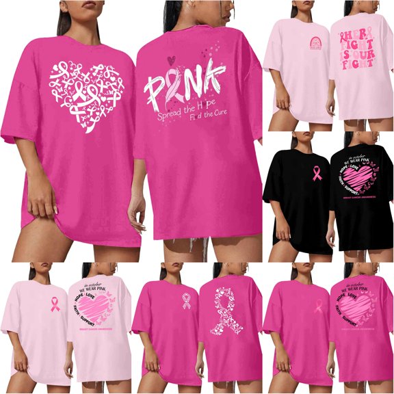 DHFJKG Cancer Awareness T Shirts For Women Pink Ribbon Graphic Oversized Drop Shoulder Short Sleeve Tees