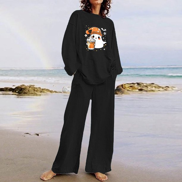 Puntoco Traje De Pantalón Y top Con Cuello Redondo De Manga Larga Con Estampado De Halloween Para Mujer Negro Xxxxl