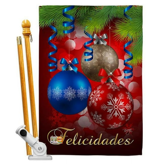 Breeze Decor BD-XM-HS-114084-IP-BO-D-IM11-BD 28 x 40 in. Felicidades Winter Christmas Impressions Decorative Vertical Double Sided House Flag Set with Pole Bracket & Hardware