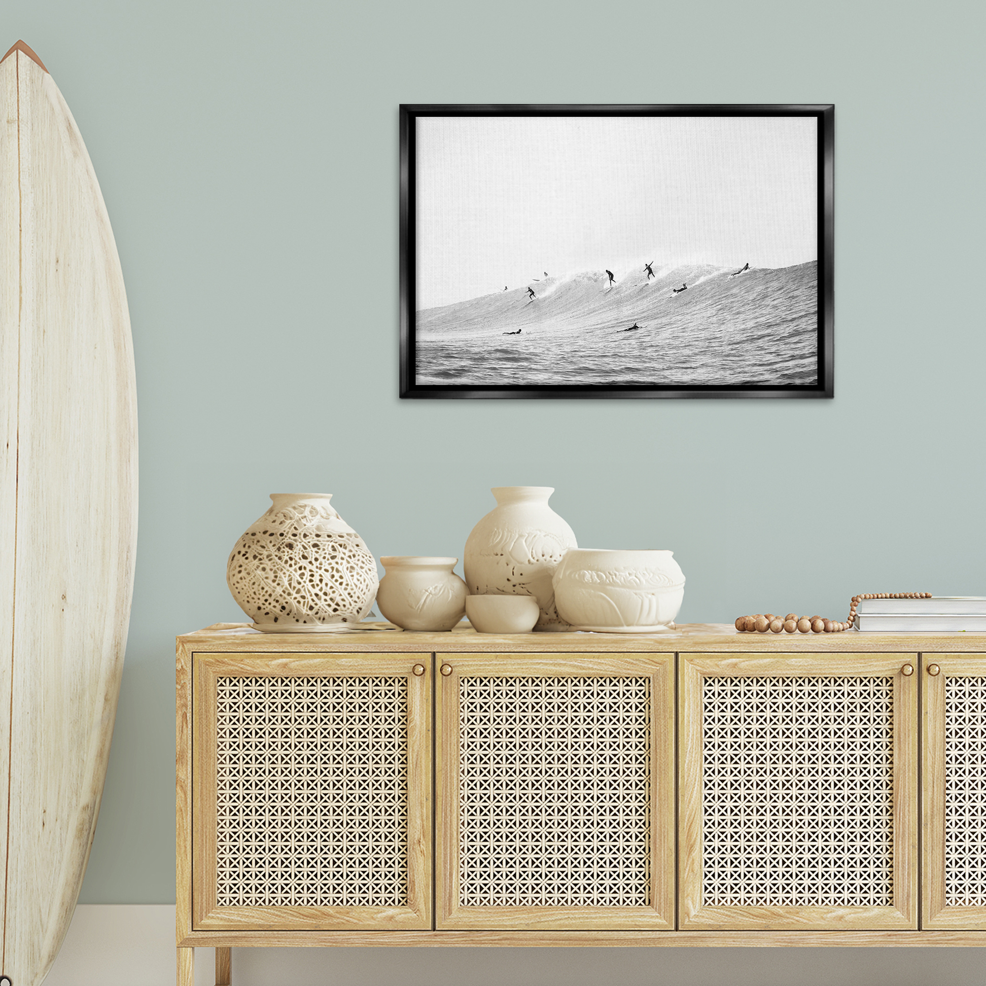 Stupell Industries Summer Wave Surfers Nautical & Beach Photography Black Floater Framed Canvas Art Print Wall Art, 31 x 21