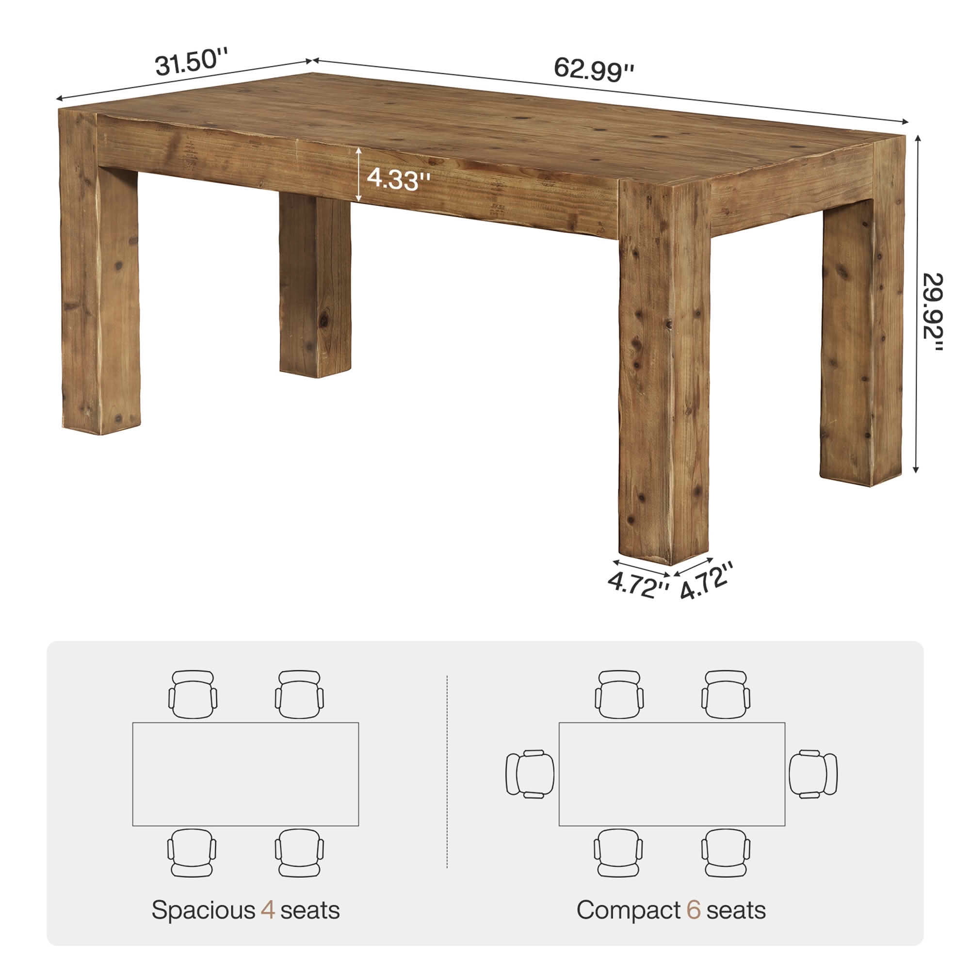 MAYEERTY 63" Solid Wood Farmhouse Dining Table, Rustic Brown 4-6 Seater Thick Top Multiuse Kitchen & Office Table