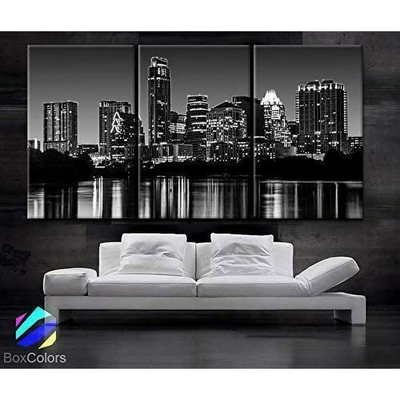 BoxColors - Large 30"x 60" 3 Panels 30"x20" Ea Art Canvas Print Austin tx Skyline Black & White Wall Home (Framed 1.5" Depth)