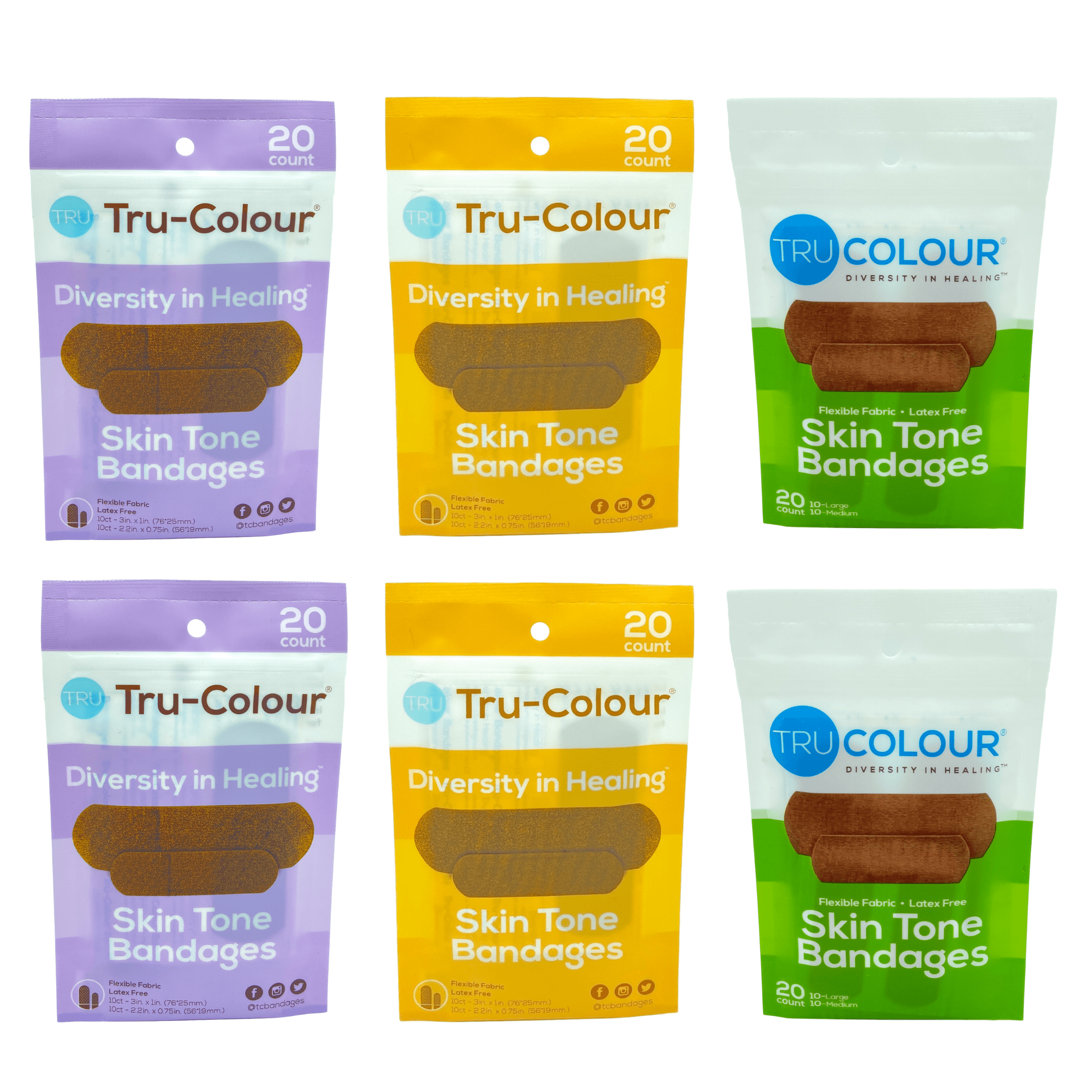 Tru-Colour Skin Tone Adhesive Fabric Diversity Bandages 6 Pack (120 count total) matches Dark Brown, Brown and Olive Skin Tones
