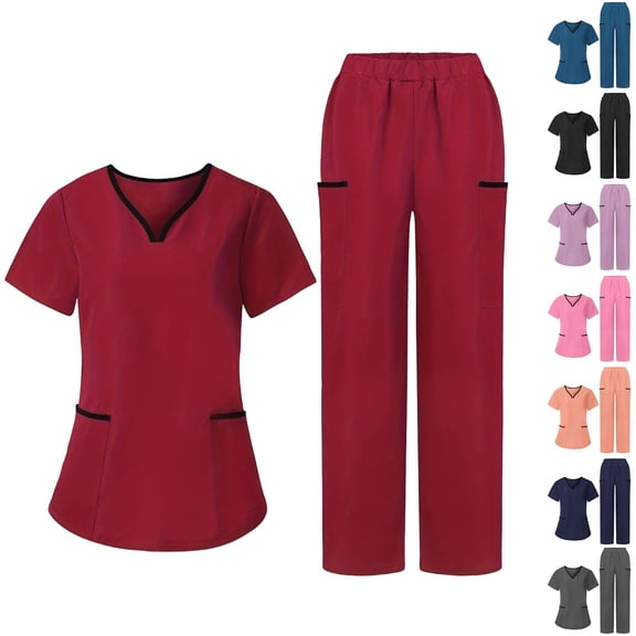 CHUMUD Scrubs for Women Set - Stretch V-Neck Scrub Top & Wide Leg Cargo Pants with Multi Pockets Nurse Workwear