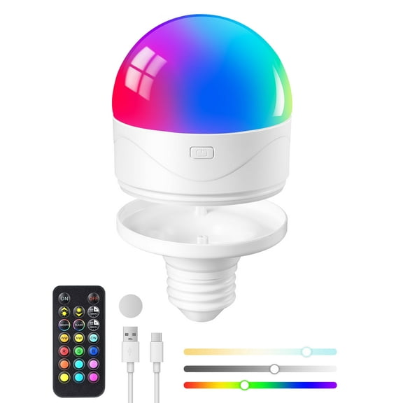 EDISHINE Rechargeable Light Bulb with Remote Control, 3000mAh Battery Operated Light Bulb, 2 Timer 12 Colors Selectable E26 350LM, Detachable LED Light Bulbs for Wall Sconces, Emergency Use