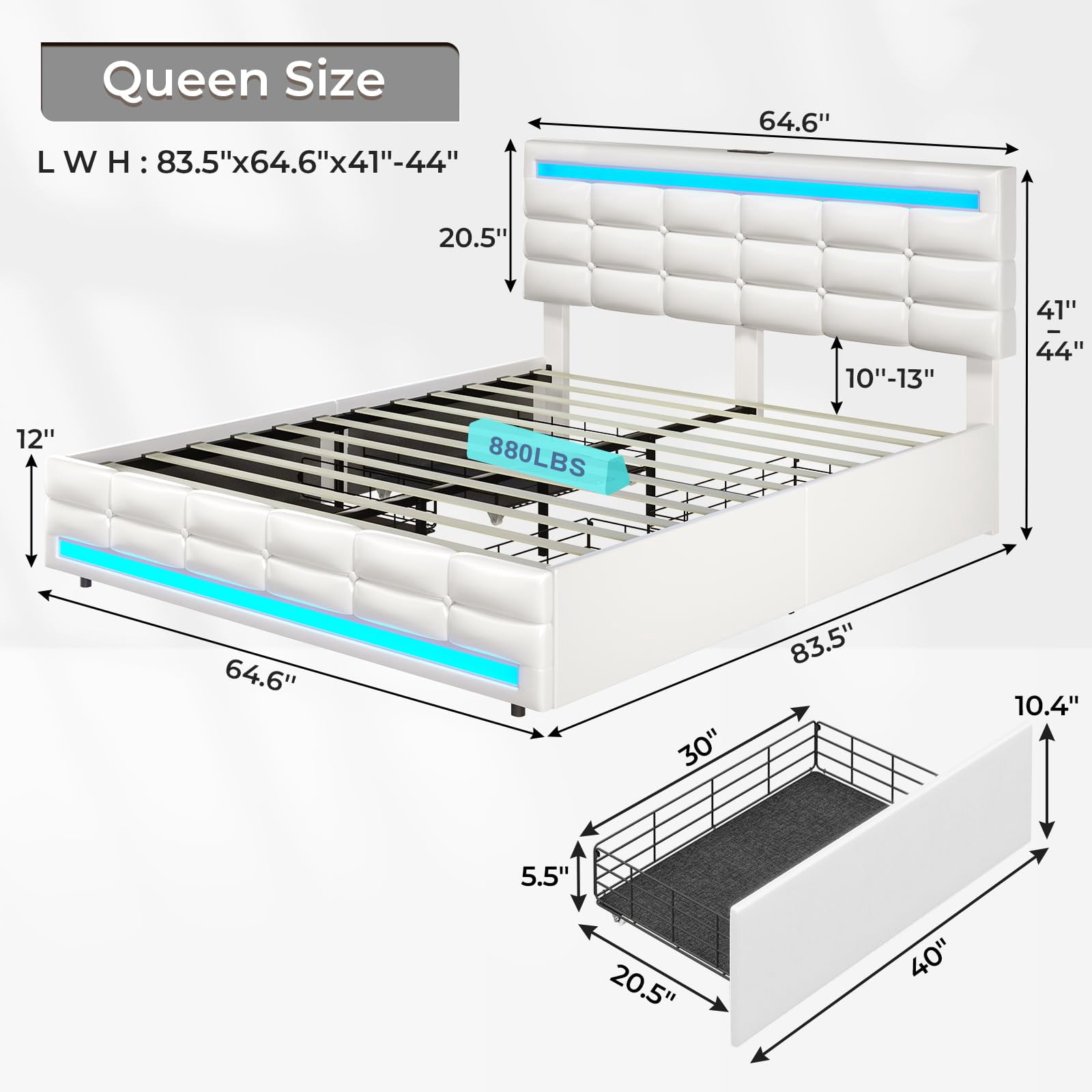 Afuhokles Queen Bed Frame with LED Lights Leather Platform Bed with Storage Drawers and Charging Station, White