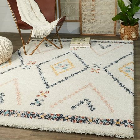 Balta Culver Southwestern Diamond Shag Area Rug White 2 7 x 7 Runner 6 Runner 8 Runner Yellow Blue Cream