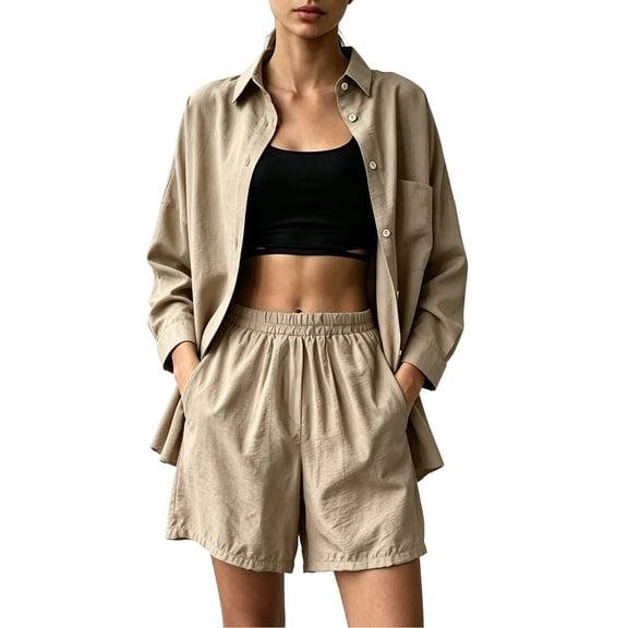 Sokhug Womens 2 Piece Casual Set Plus Size Oversized Button Down Shirt and Elastic Waist Shorts with Pockets Soft Breathable Summer Outfit