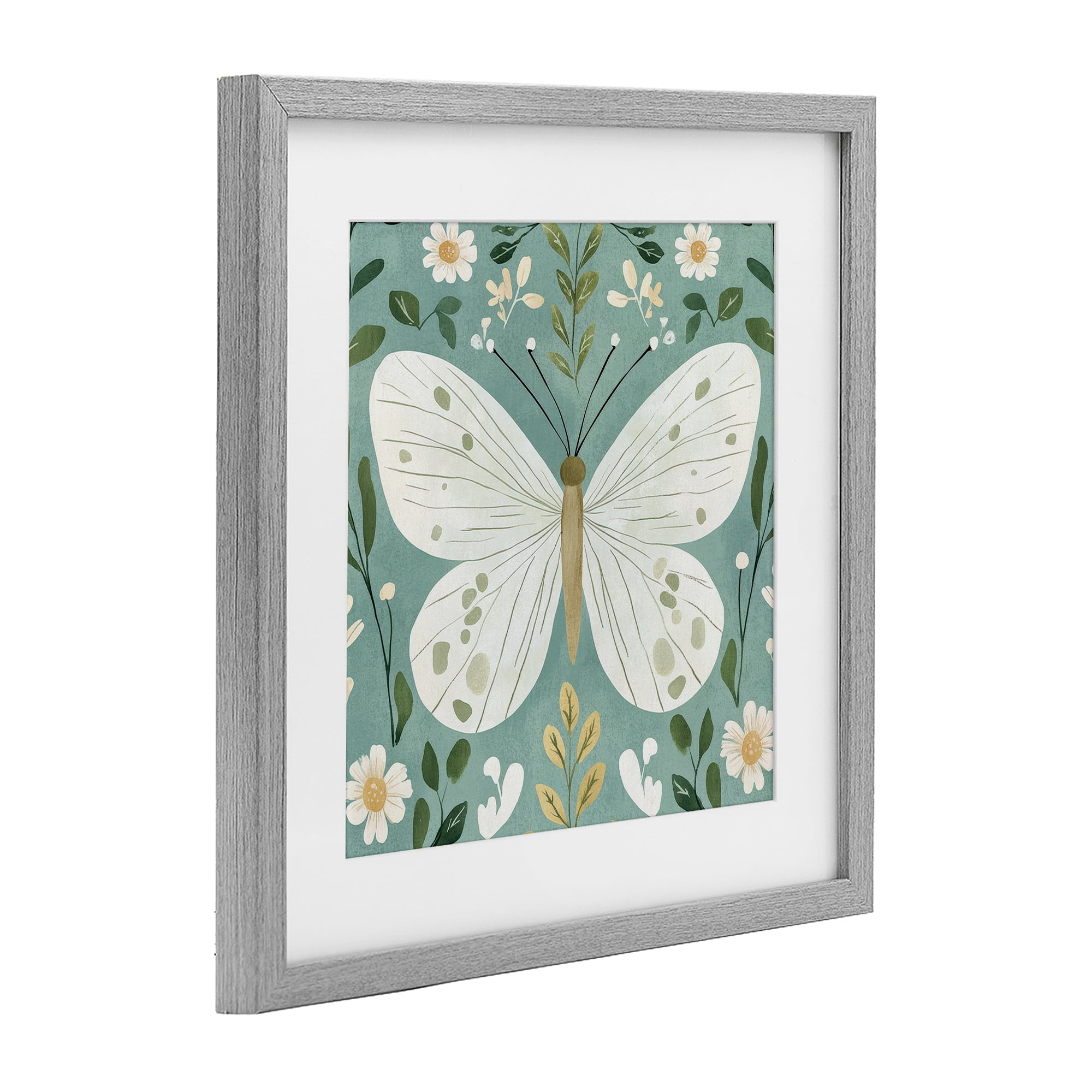 Stupell Industries Teal Butterfly Garden with Daisies Gray Framed Print Under Glass, design by Petal Prints Design