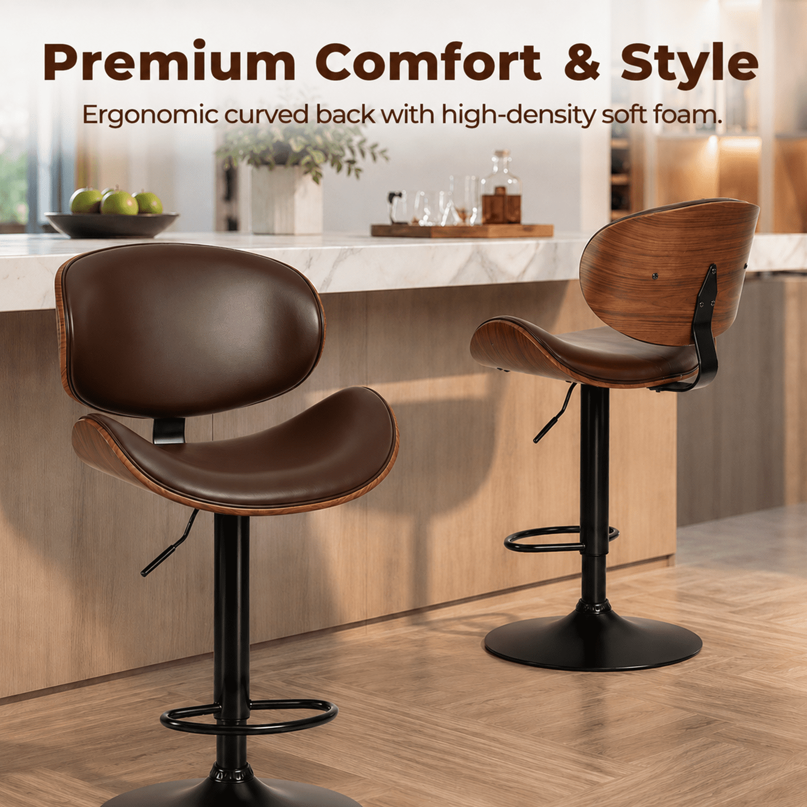 Alvantor 2-Pack Swivel Bar Stools, for Kitchen Counter, Adjustable Bar Height Chairs, Modern PU Leather Upholstered Bar Chair with Back and Footrest, for Bar, Kitchen Island, Dining Room