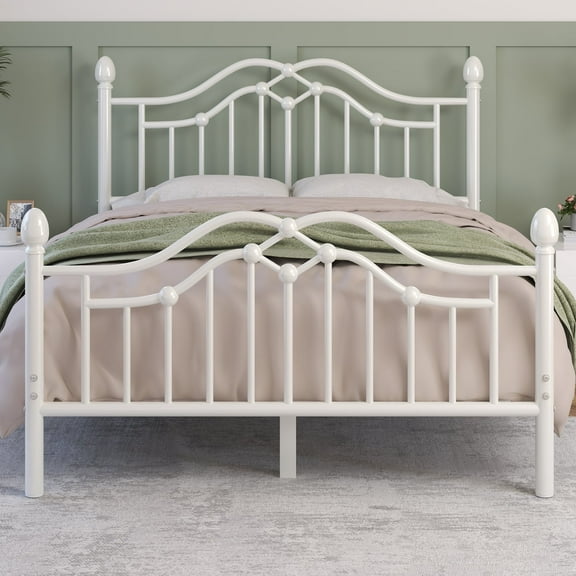 E-Ser Queen Size Metal Platform Bed Frame,Modern Headboard And Footboard,Adequate Under Bed Storage,No Box Spring Needed,White