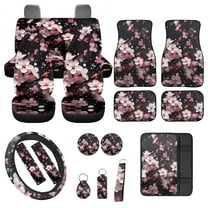 Jeiento Pink Cherry Blossom Car Seat Cover Full Set, Universal Fit Seat Covers for Car Front Rear Cover, Floor Mat Center Console Pad Safety Belt Pad for Women Men, Removable