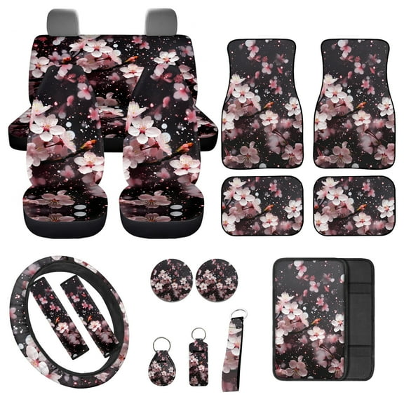Jeiento Pink Cherry Blossom Car Seat Cover Full Set, Universal Fit Seat Covers for Car Front Rear Cover, Floor Mat Center Console Pad Safety Belt Pad for Women Men, Removable