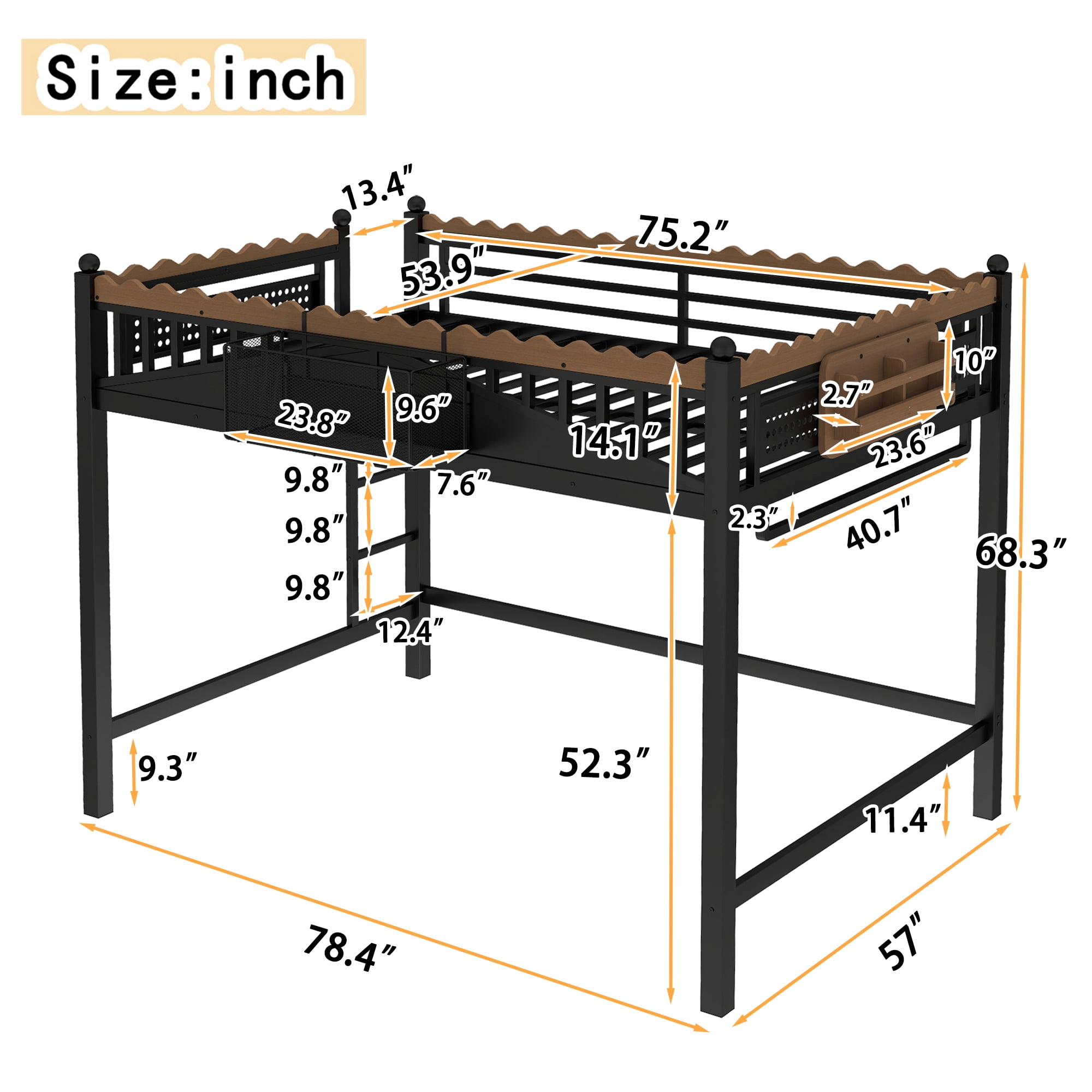 Leumius Full Size Loft Bed,Metal Loft Bed with Storage Baskets and Bookshelf,High Loft Bed with Large Under-Bed Space,No Box Spring Needed,Black