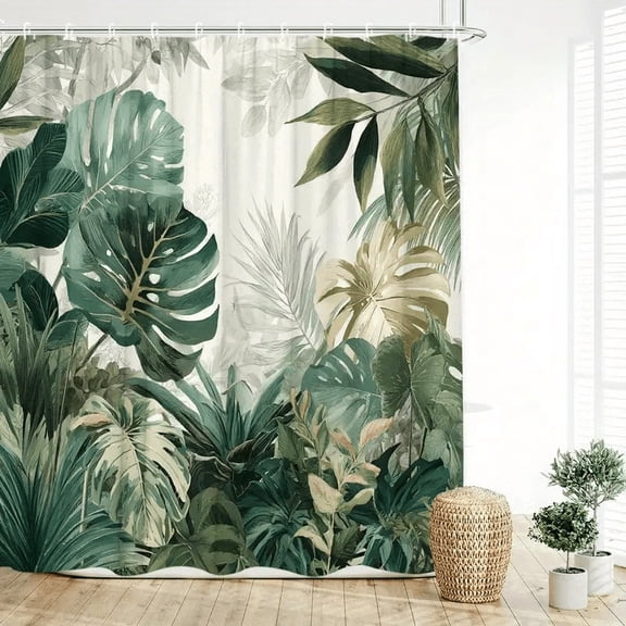Vintage Green Monstera Palm Tropical Leaf Print Waterproof Fabric Shower Curtain With Hooks Jungle Neutral Bathroom Decor