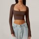 thumbnail image 1 of Haut à col carré pour femmes, haut décontracté à manches longues, pull court, chemise de sortie, 1 of 6