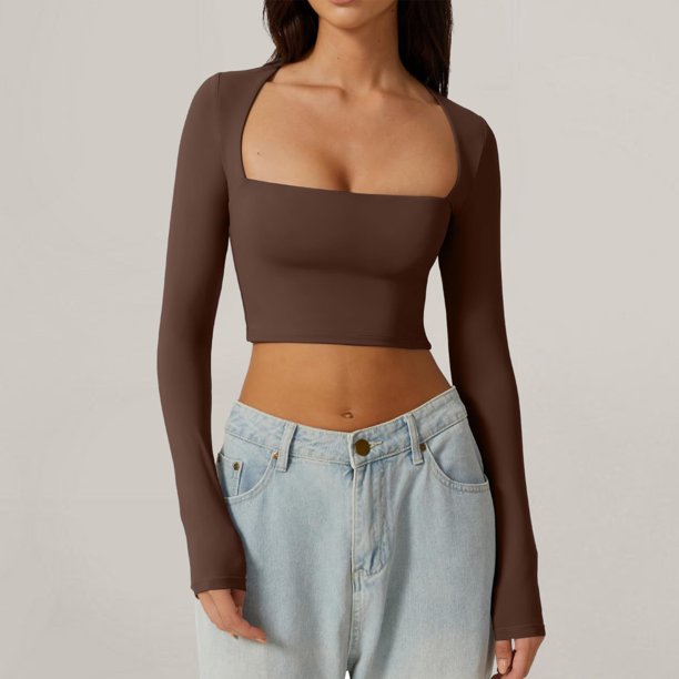 Haut à col carré pour femmes, haut décontracté à manches longues, pull court, chemise de sortie