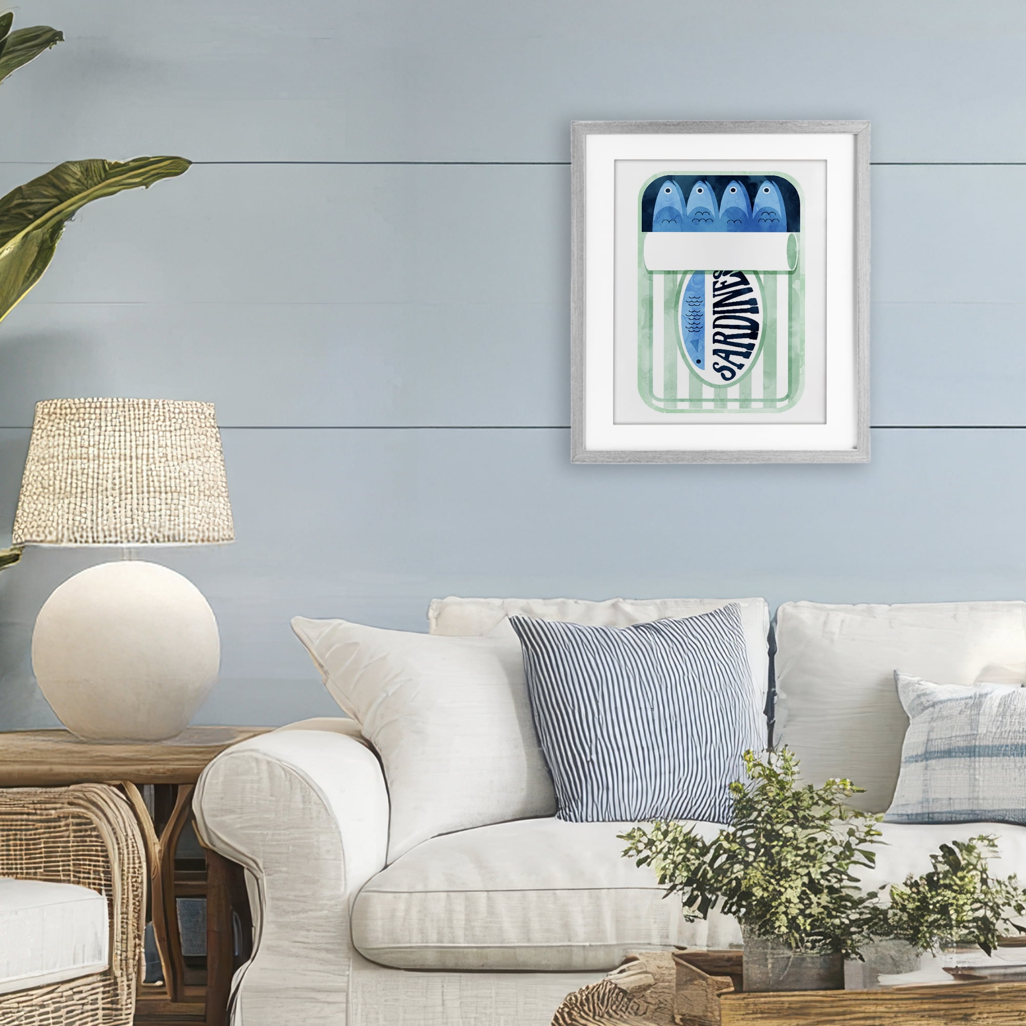 Green Stripe Sardine Tin Gray Framed Print Under Glass, design by Daphne Polselli