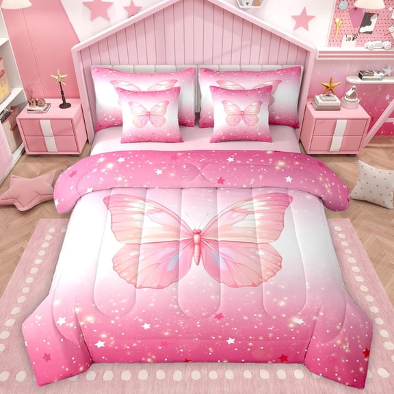 Homewish Flying Butterfly 7-Piece Twin Bedding Sets For Children Teens Female,Stars Bling Glitter Bedding Comforter Set,Gradient Ombre Pink Breathable Sheet Sets,Microfiber Bedroom Decor,Reversible