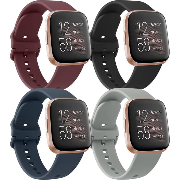 4 Pack Bands Compatible with Fitbit Versa 2 / Fitbit Versa/Versa Lite/Versa SE for Women Men, Soft Silicone Replacement Wristband for Fitbit Versa 2 Bands (Black/Wine Red/Navy Blue/Grey)