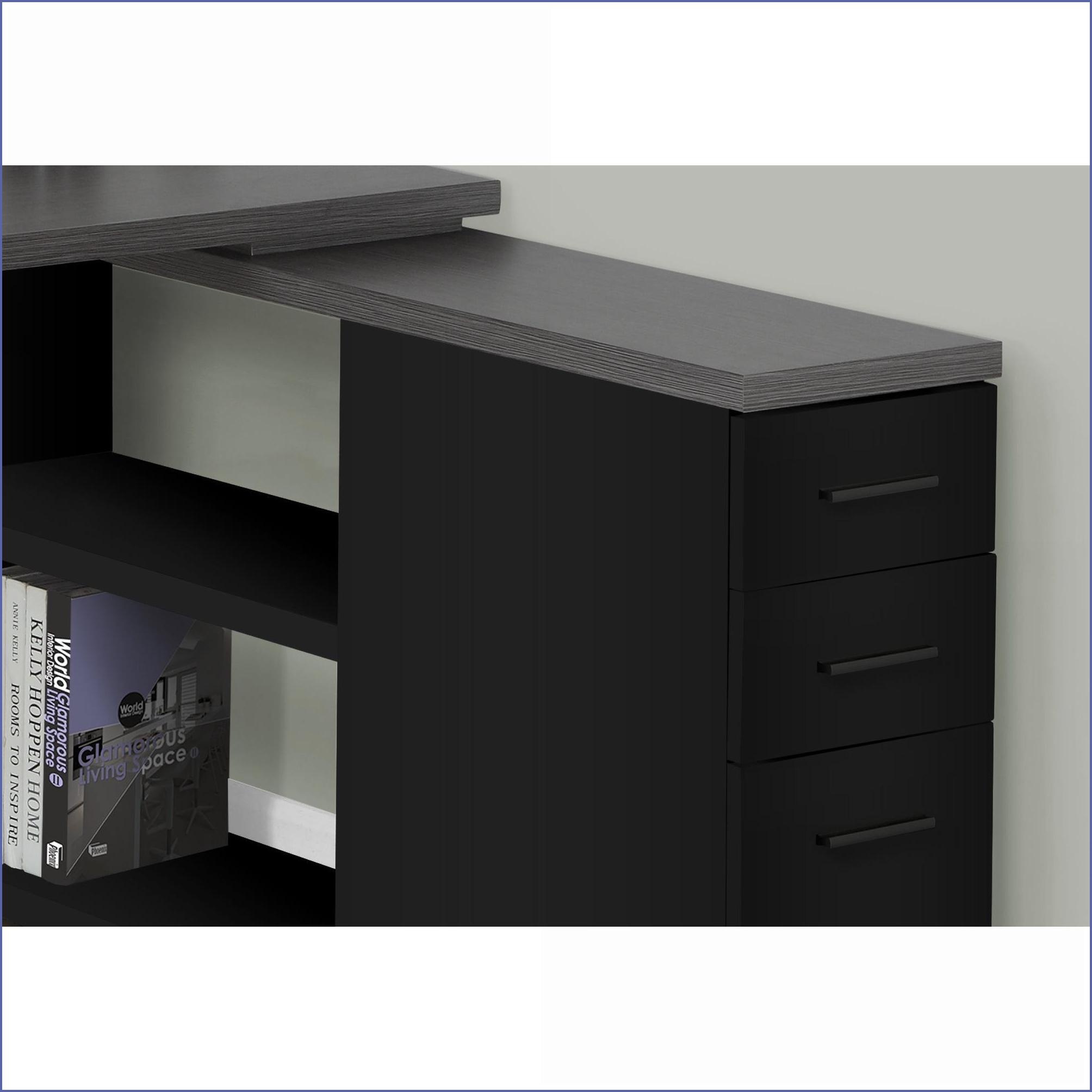 Desks, L-Shaped Corner Home Office Desk with Left/Right Setup & 3 Drawers, Black/Grey Laminate, Black Metal, Modern | Black | Particle Board