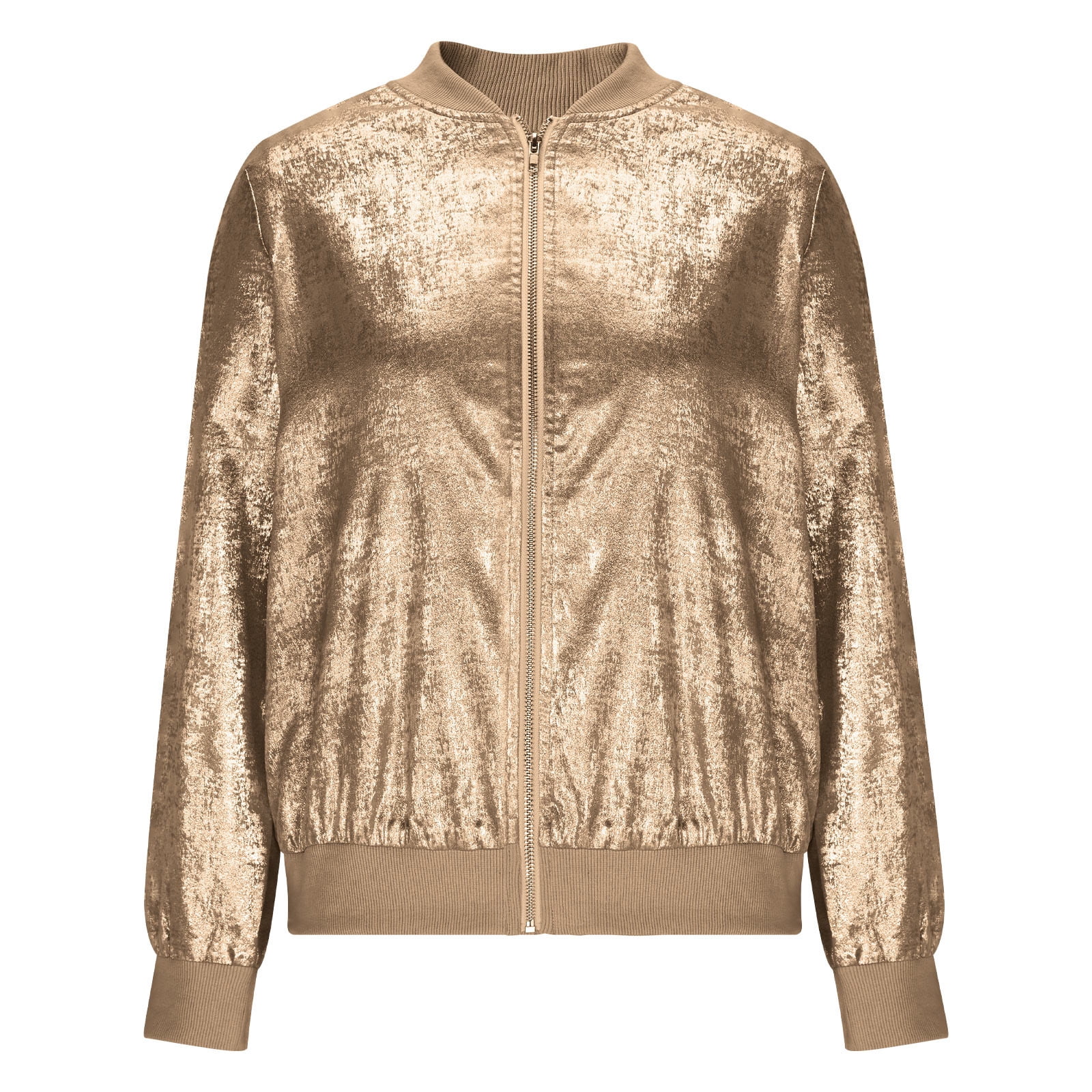 Women's Metallic Zipper Bomber Jacket Outwear Long Sleeve Lightweight Jacket Coats
